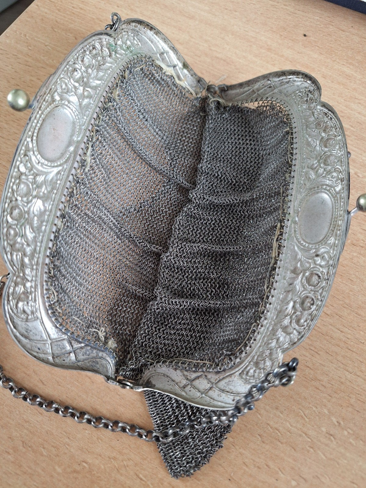 Antieke beurs/handtasje met ketting, Ophalen of Verzenden, Zilver