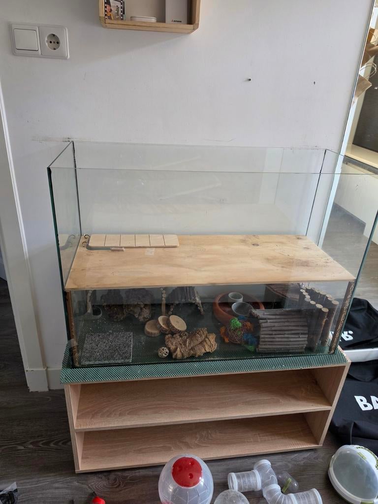 Knaagdier hamster kooi bak met spullen en kastje, Dieren en Toebehoren, Kooi, Cavia, Minder dan 75 cm, Zo goed als nieuw