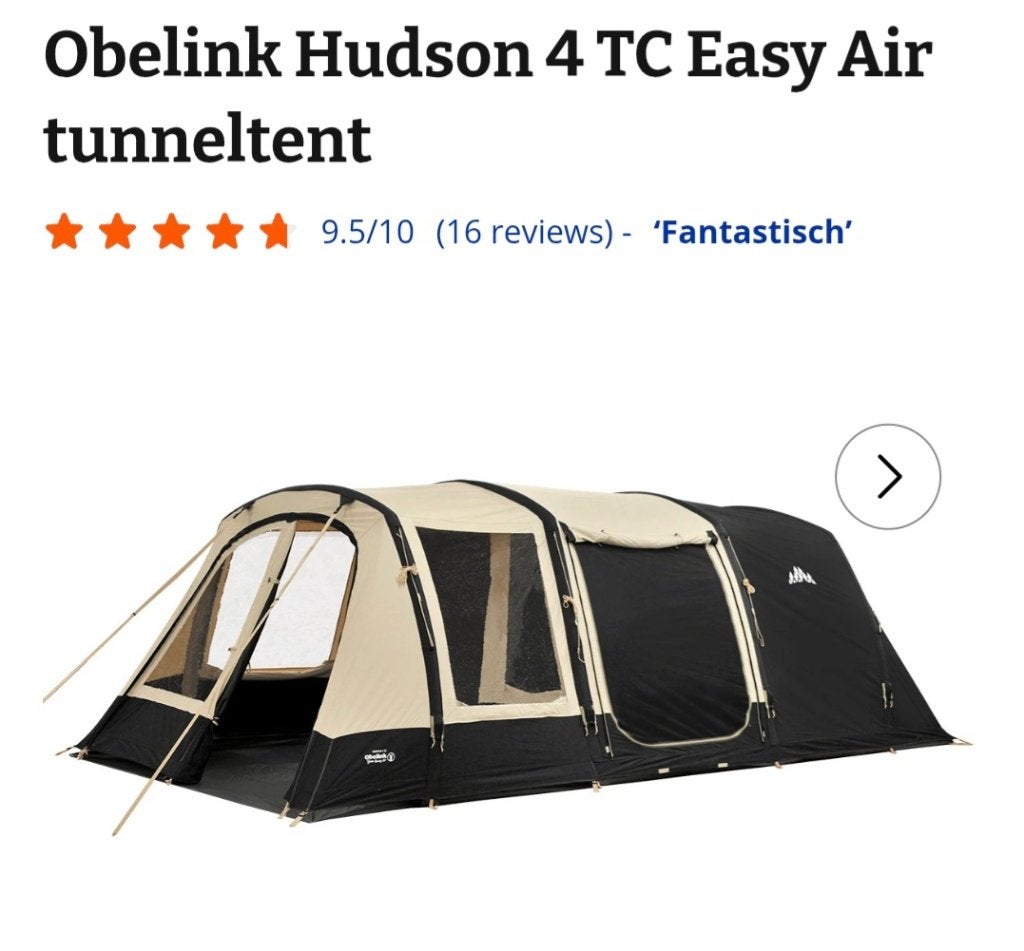 Obelink Hudson 4 TC Easy Air tunneltent – Zo goed als nieuw!, Caravans en Kamperen, Ophalen, Zo goed als nieuw, Tot en met 4