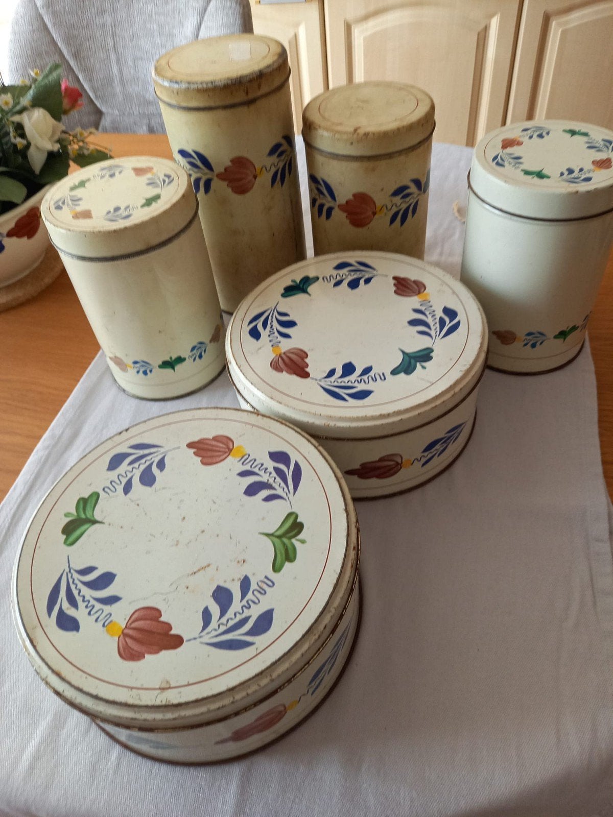 Set van 6 vintage blikken met bloemmotief, Ophalen