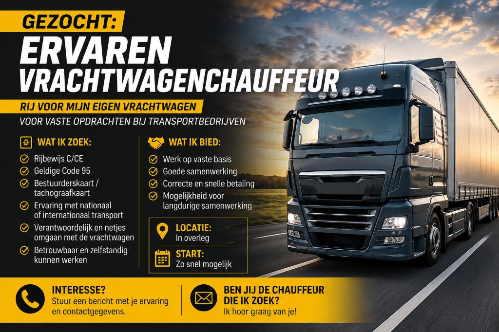 Ervaren Vrachtwagenchauffeur (C/CE), Ophalen of Verzenden, Nieuw