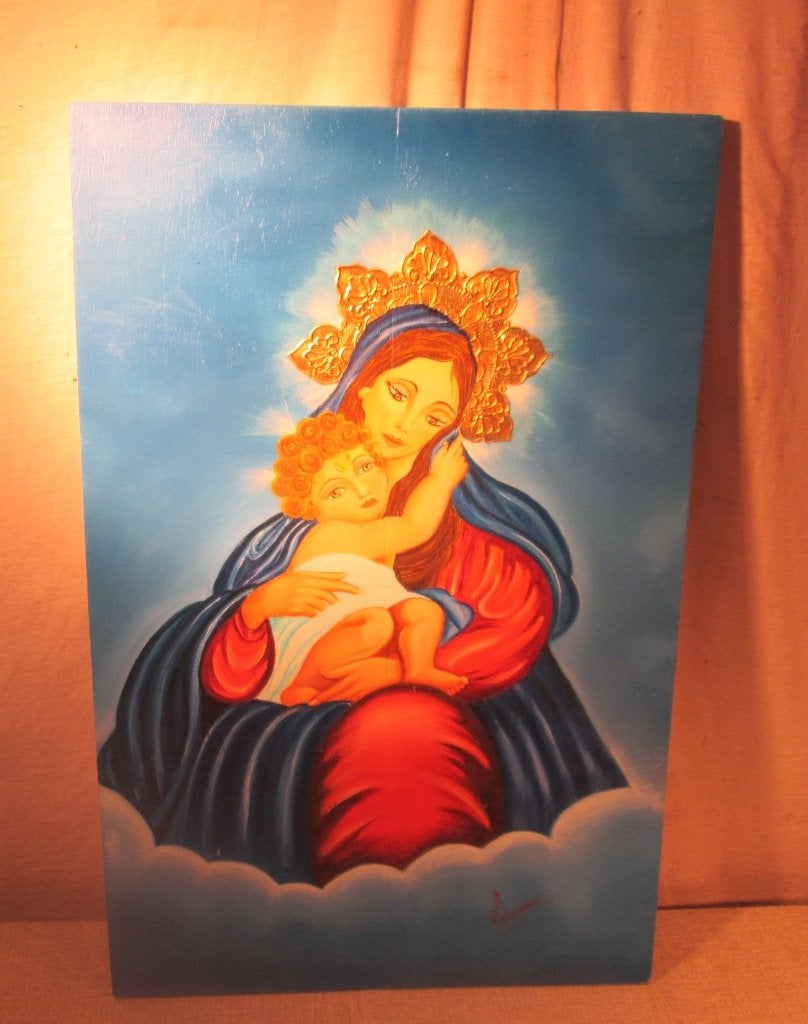Mooi Geschilderd Werk 'Maagd Maria en Jezus' - Adriana, Ophalen of Verzenden, Origineel werk, Portret of Personen, Paneel