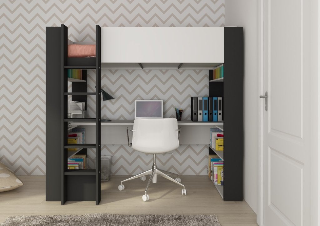 Twist hoogslaper met bureau - 90x200 - Wit met antraciet, Niet ingevuld, Niet ingevuld, Nieuw, Ophalen of Verzenden