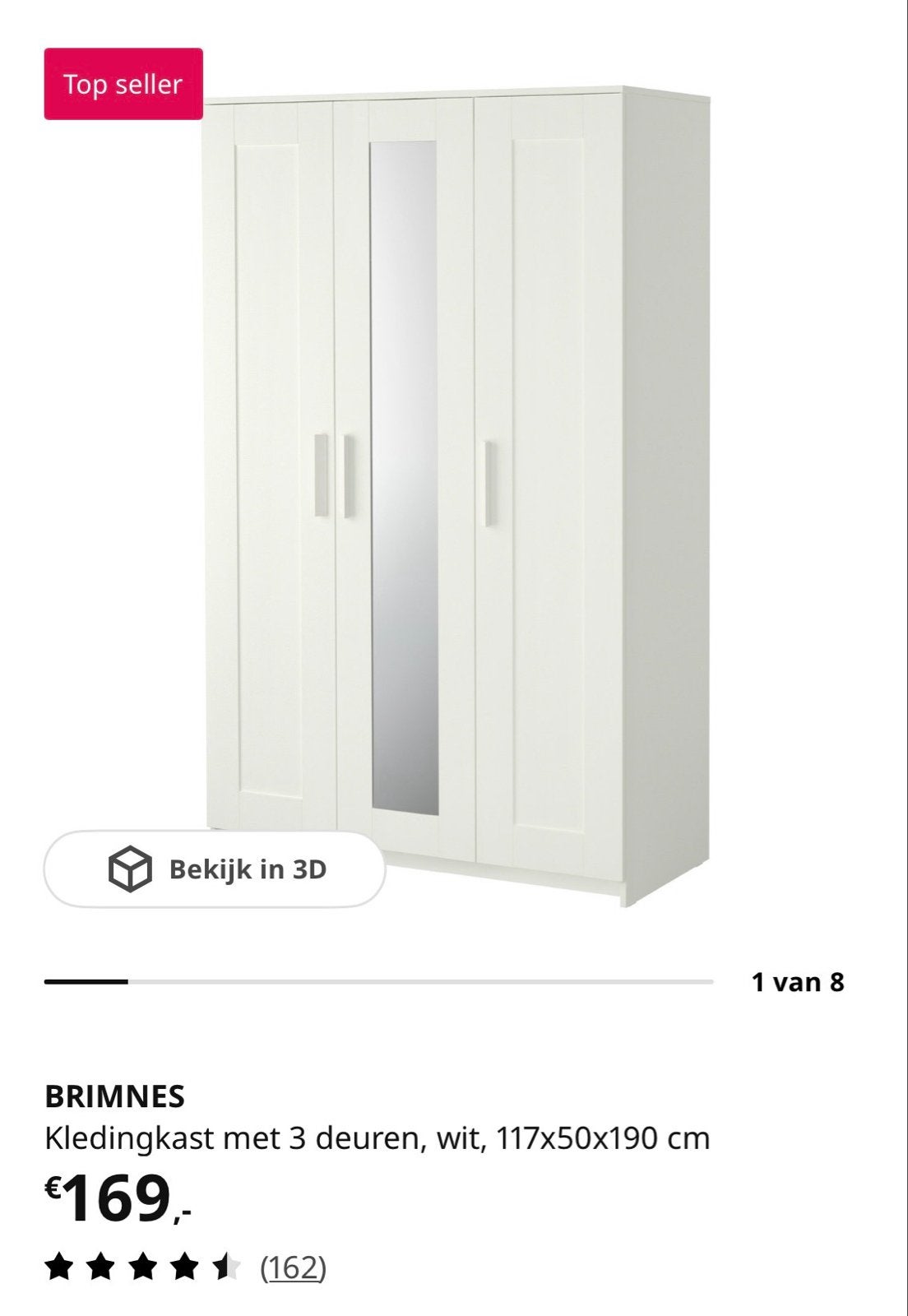 IKEA Brimnes kledingkast met spiegeldeur, wit, Huis en Inrichting, Ophalen, Gebruikt, 100 tot 150 cm, Glas