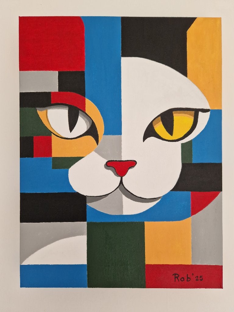 abstracte kat zelf geschilderd op doek met acryl 30x40, 3D, Ophalen