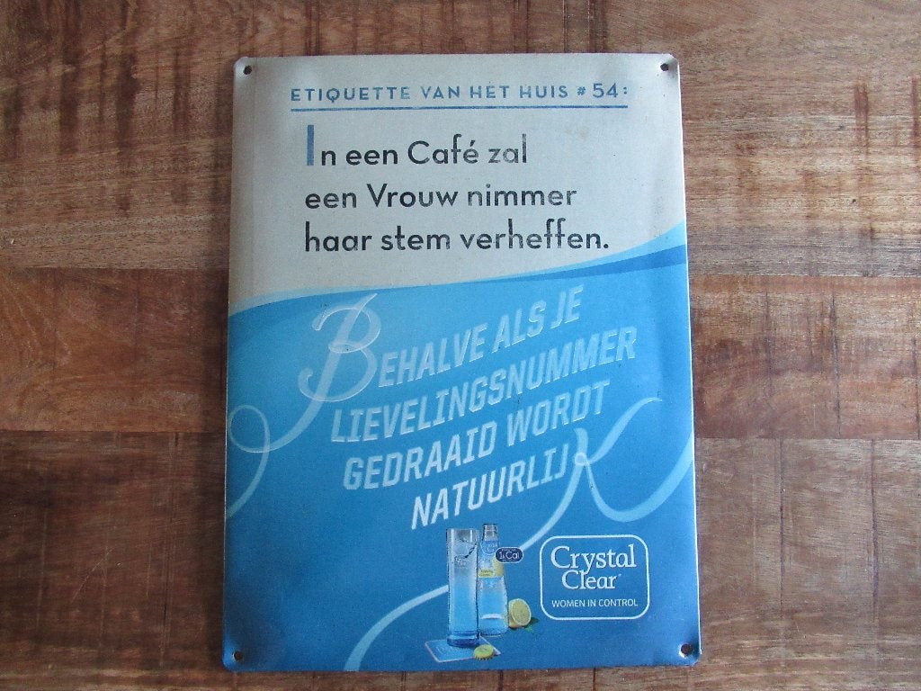 CRISTAL CLEAR Reclame bord ijzeren Plaat 40 x30 cm Etiquette, Ophalen of Verzenden, Zo goed als nieuw, Reclamebord