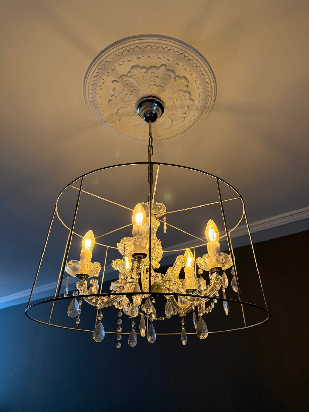 Luxe kroonluchter met 5 armen en kristallen, Ophalen, Zo goed als nieuw, Glas, E14 (klein)