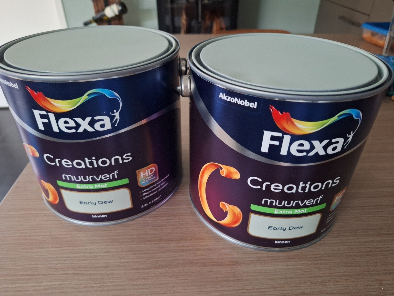 2 blikken Flexa Creations muurverf Early Dew 2,5L extra mat, Ophalen, Nieuw, Overige typen