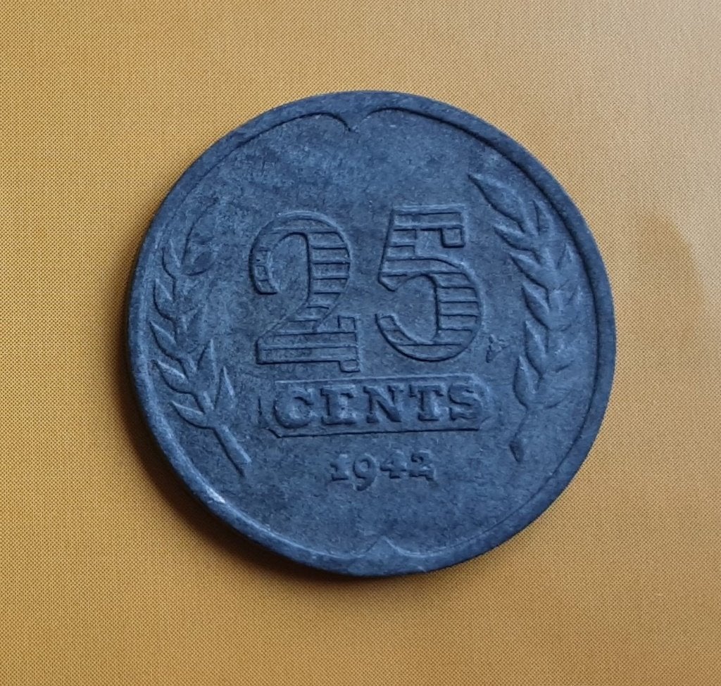 Prachtig zinken kwartje - 25 cent 1942., Verzenden, Koningin Wilhelmina, 25 cent, Losse munt