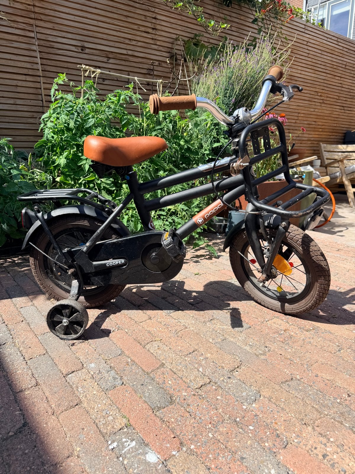 Kinderfiets Cooper met zijwieltjes en bagagedrager, Ophalen, Terugtraprem, Zijwieltjes, Gebruikt