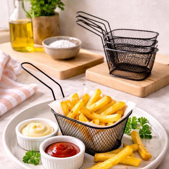 5 Serveermandjes voor patat of snacks - frituur mandjes deco, Ophalen of Verzenden, Zwart, Metaal, Overige typen