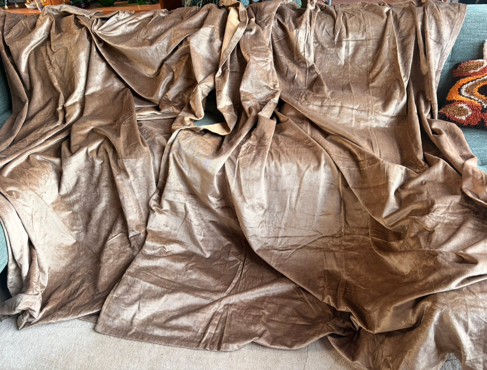 Vintage Velours / chenille gordijnen met subtiele glans, Ophalen of Verzenden, Gebruikt, Overgordijn, 232 cm