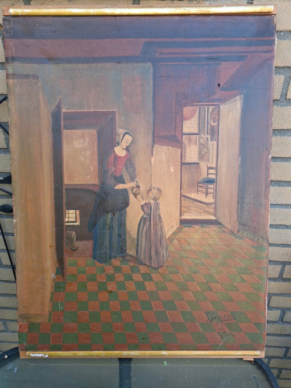 Oud Hollands schilderij: Vrouw en kind in interieur, Antiek en Kunst, Doek, Portret of Personen, Oud hollands, Ophalen of Verzenden