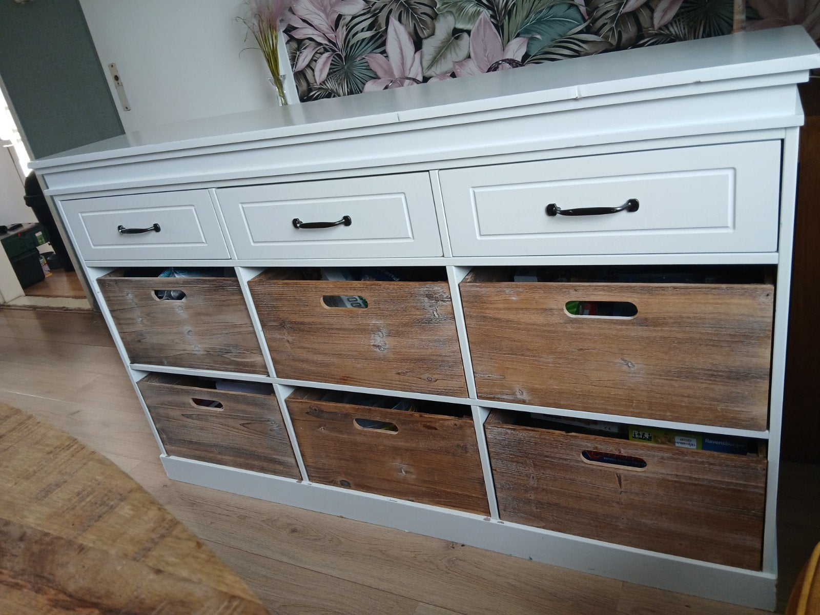 Witte ladekast met houten manden, Ophalen, Gebruikt, 100 tot 150 cm, 100 tot 150 cm