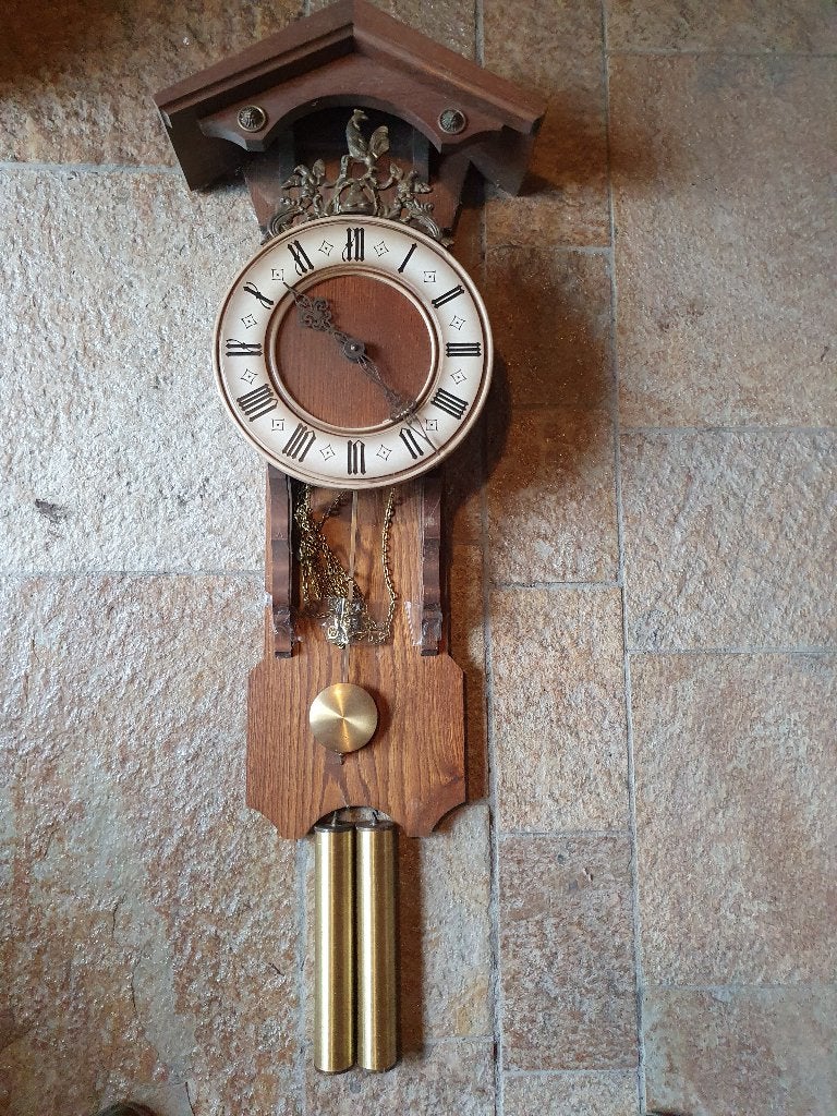 Vintage/retro Wandklok met gewichten, loopt prima. Opstu-, Antiek en Kunst, Ophalen of Verzenden