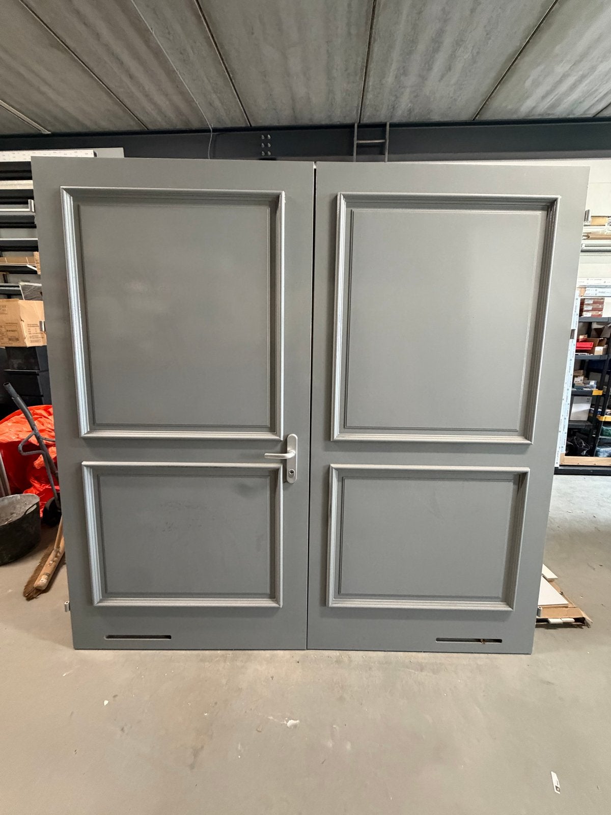 Grote openslaande garagedeuren - Grijs, Gebruikt, Garagedeur, Ophalen of Verzenden, Hout