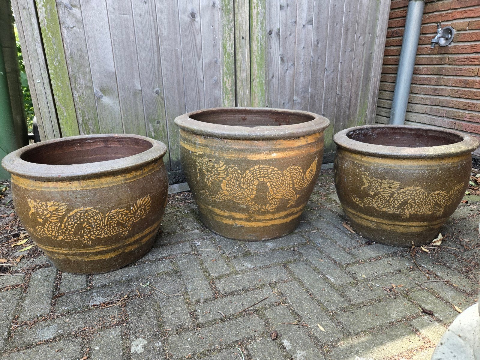 Set van 3 Chinese bloempotten met drakenmotief, Ophalen, Steen, Gebruikt, Minder dan 60 cm