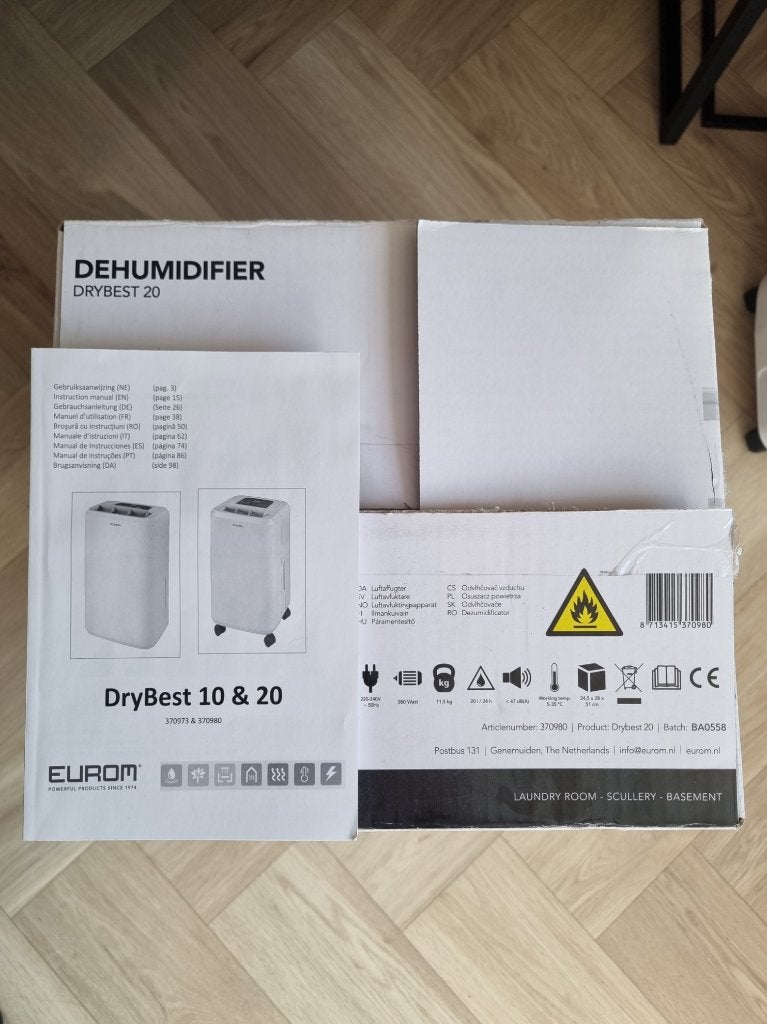 Eurom DryBest 20 luchtontvochtiger met originele doos, Witgoed en Apparatuur, Ophalen, Zo goed als nieuw, Luchtontvochter