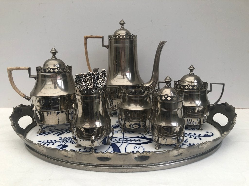 Thee Koffieservies Art Deco - zilvertin -  Jaren 20/30, Antiek en Kunst, Ophalen of Verzenden