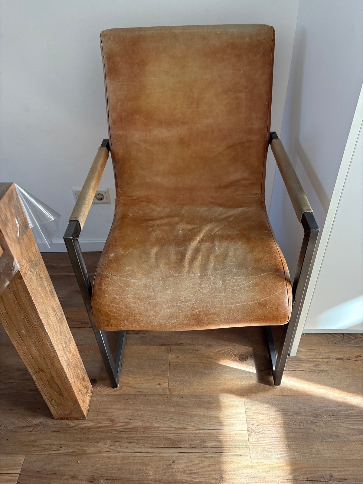 Leren eetkamerstoel met metalen frame (6 keer), Huis en Inrichting, Stoelen, Ophalen, Gebruikt, Bruin, Leer