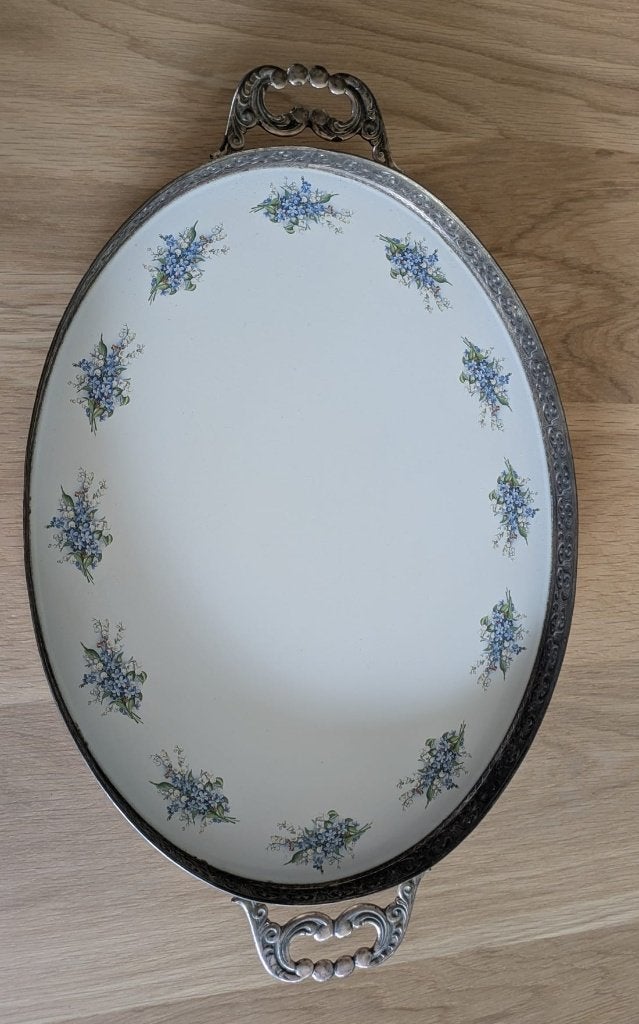 Vintage dienblad met bloemenmotief, Ophalen of Verzenden, Gebruikt, Rond, Hout