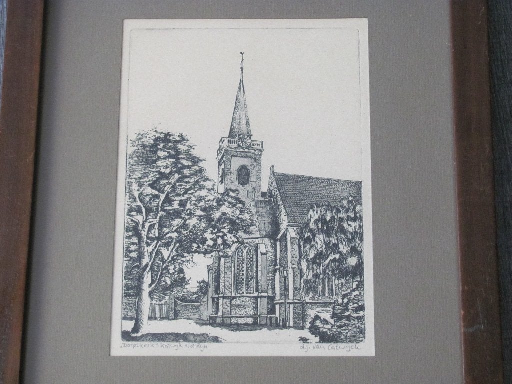 Dorpskerk Katwijk aan de Rijn - ets van D.J. van Catwijck, Ingelijst, Stadsgezicht, Ophalen of Verzenden, 1950 - 1999