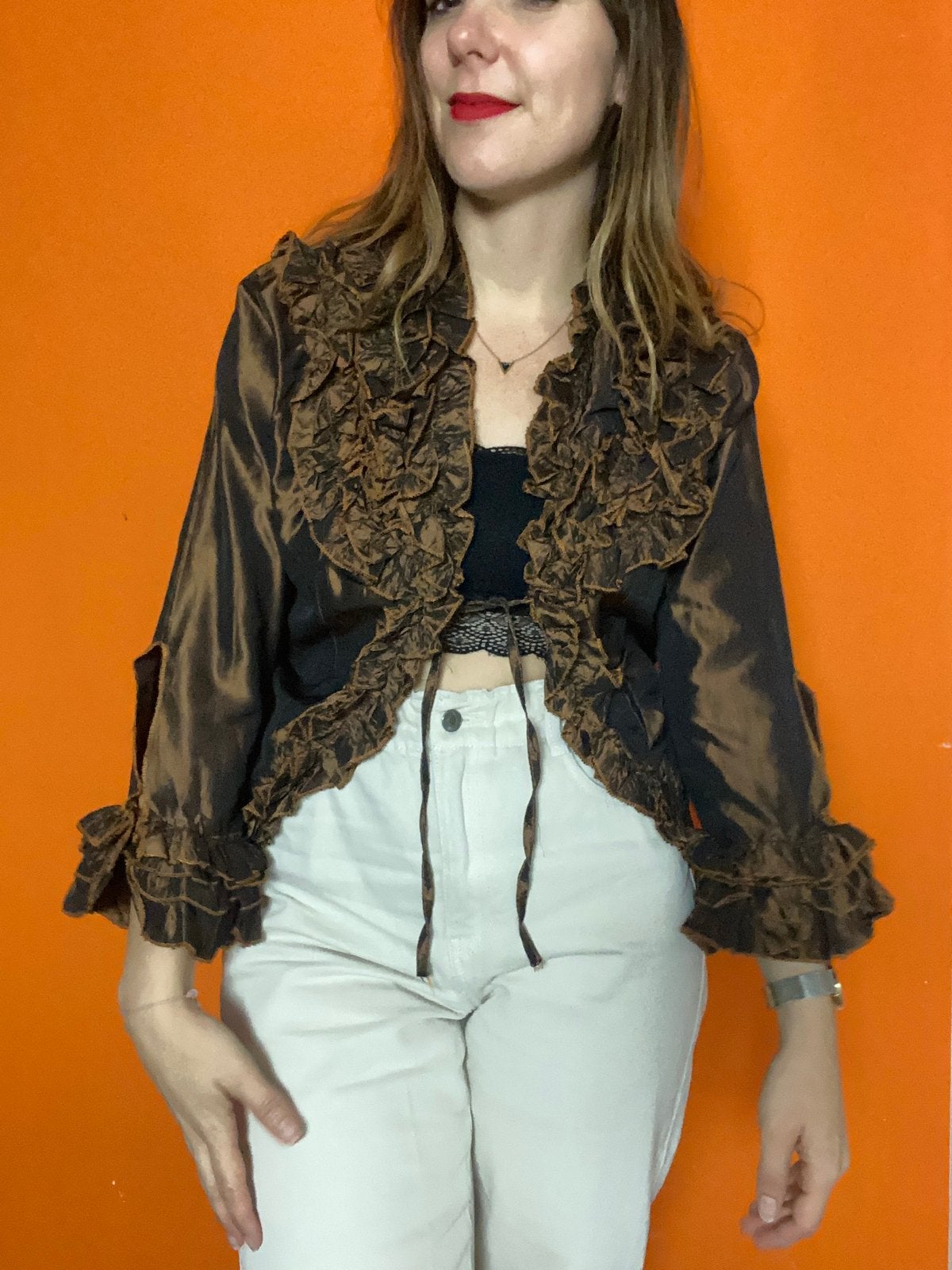 Vintage blouse / jasje met ruches - bruin - L/40, Maat 38/40 (M), Hgv, Bruin, Hgv