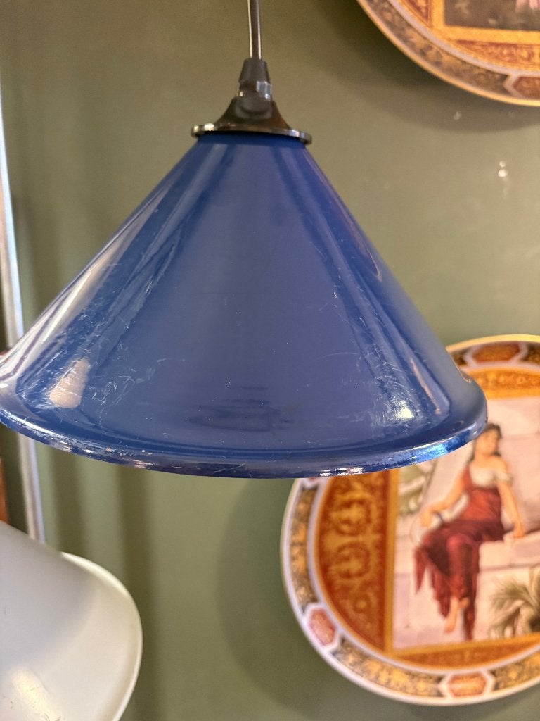Vintage Hanglampje met Donker Blauwe Kap. Gebruiks Klaar.!!, Antiek en Kunst, Ophalen of Verzenden
