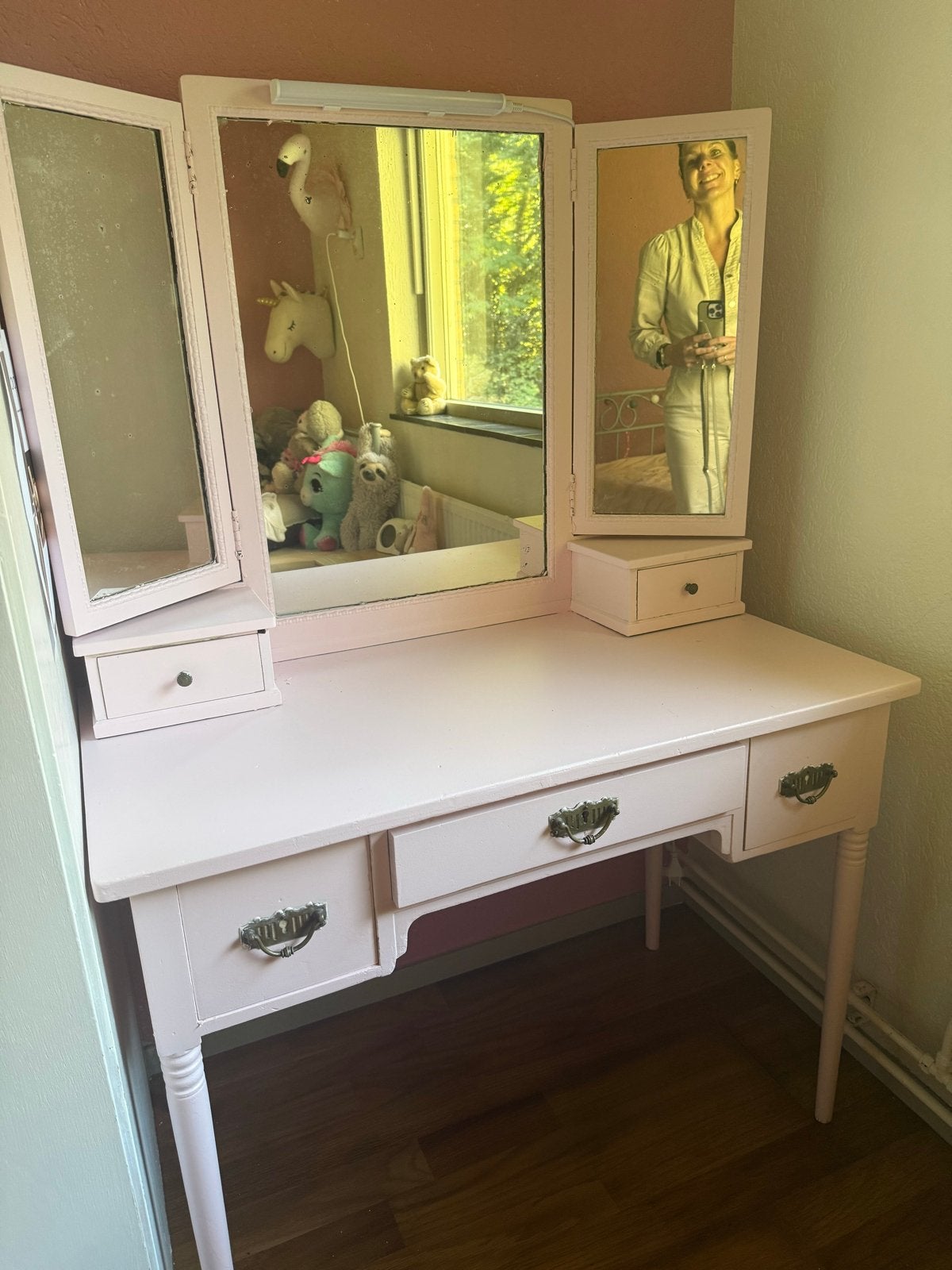 Roze kaptafel met drieluik spiegel en lades, Ophalen, Gebruikt, 100 tot 150 cm, Minder dan 100 cm