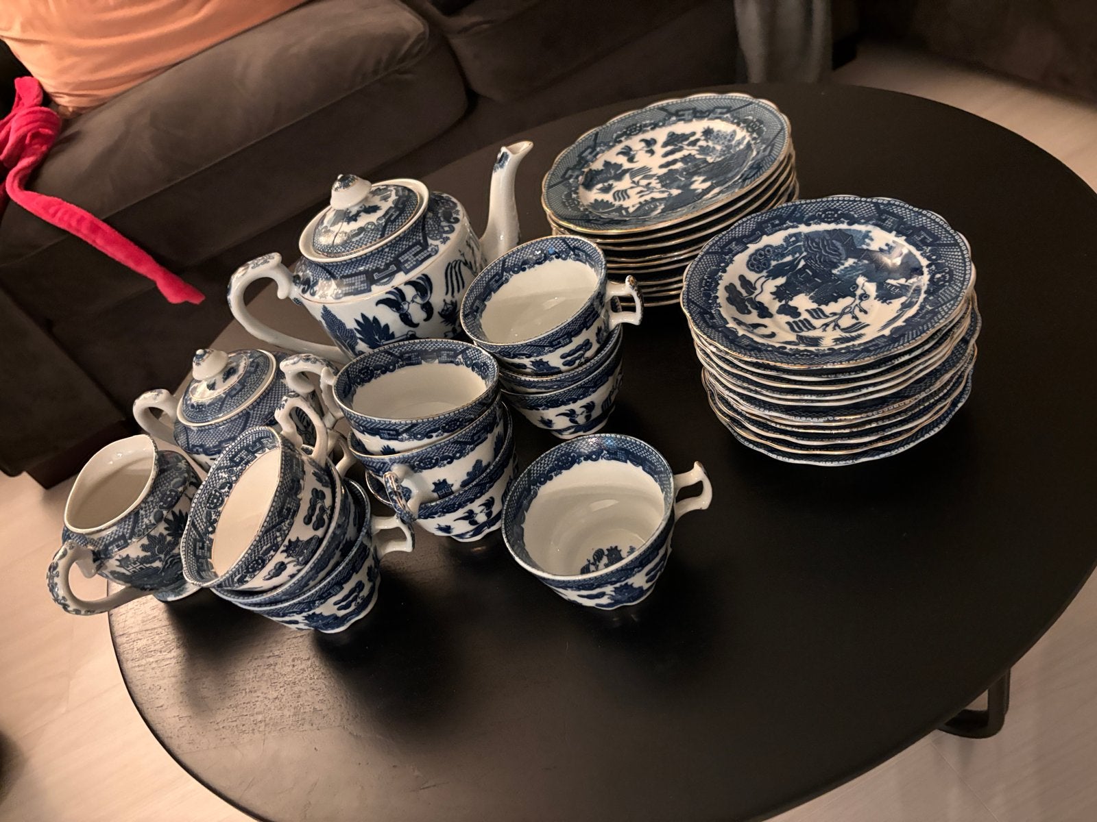 Vintage blauw-wit theeservies met goudrand - complete set, Ophalen, Gebruikt, Keramiek, Overige stijlen