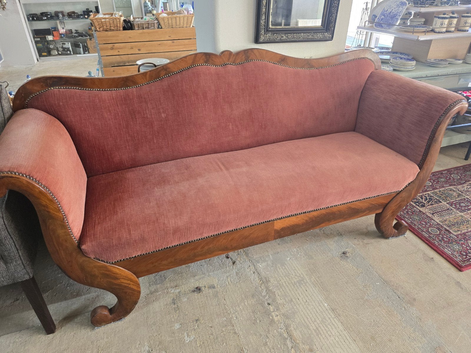 Antieke Biedermeier Sofa - Mahoniehout en Roze Velours, Ophalen of Verzenden