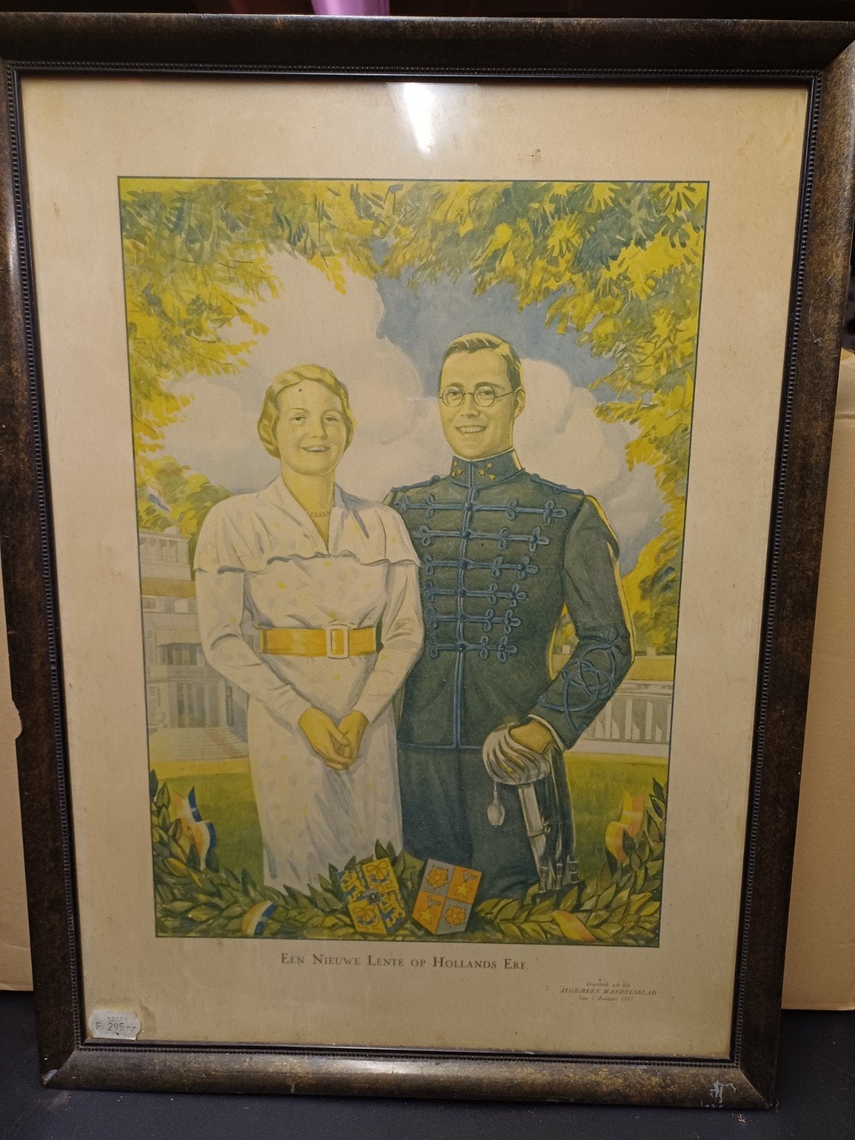 Vintage ingelijste prent Juliana en Bernhard 1937, Ophalen, Gebruikt, Kaart, Foto of Prent