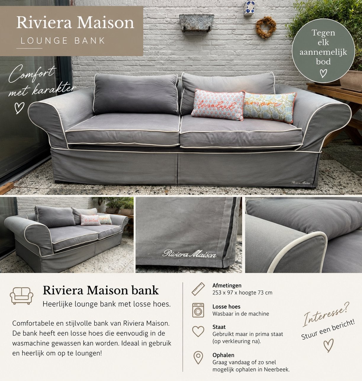 Riviera Maison Lounge Bank met losse hoes, Huis en Inrichting, Ophalen, 250 tot 300 cm, Gebruikt, Driepersoons
