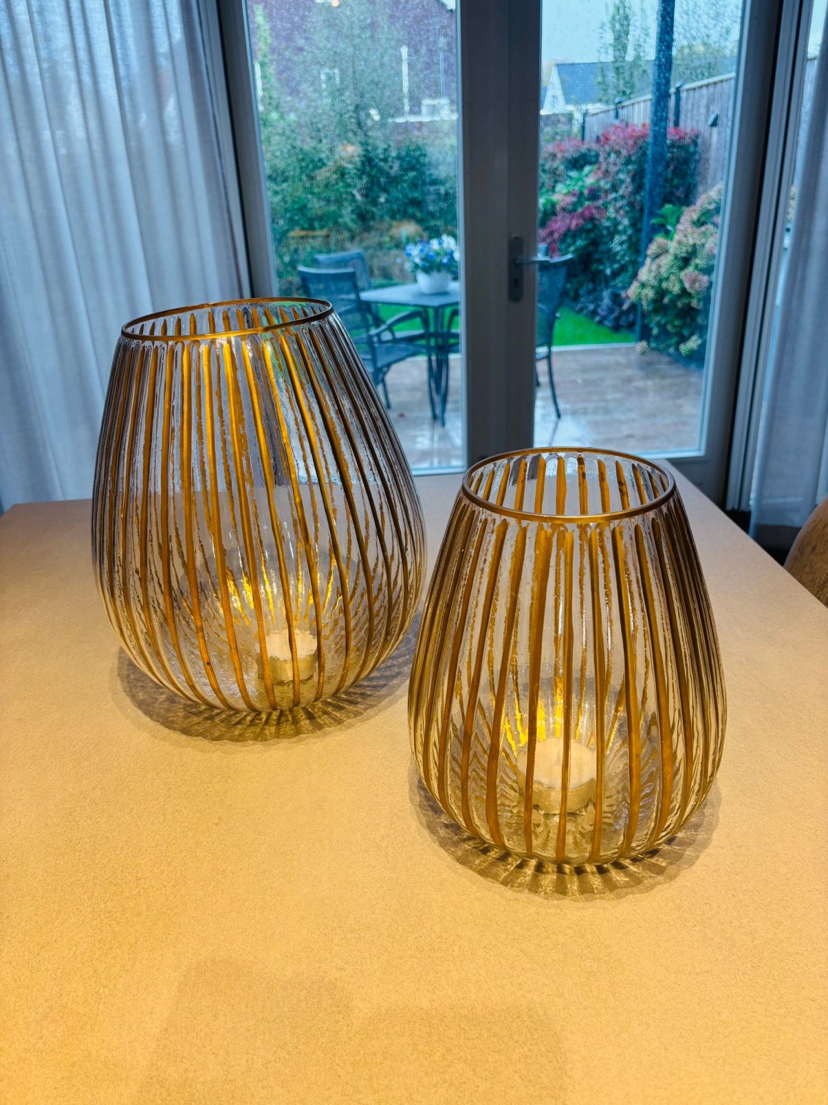 2 glazen windlichten, goud, merk: Riverdale, type: Hurricane, Ophalen, Gebruikt, Glas, Goud