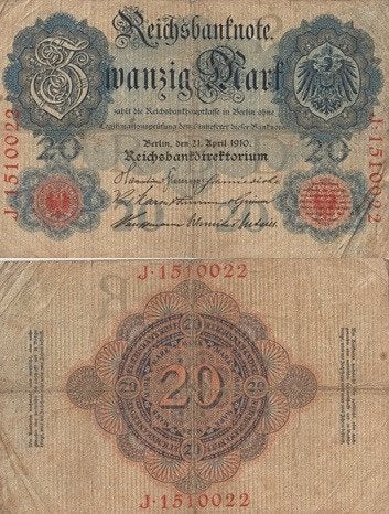 DUITSE RIJK 1910 20 mark #40b VF, Verzenden, Duitsland, Los biljet