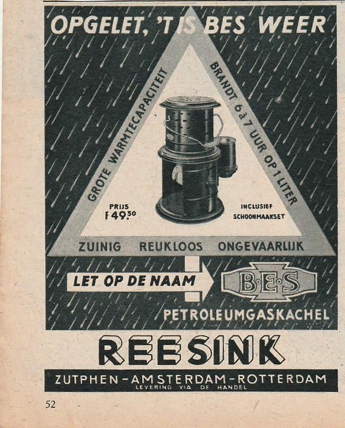 Retro reclame 1953 Reesink Bes kachel petroleum reukloos, Verzenden, Overige typen