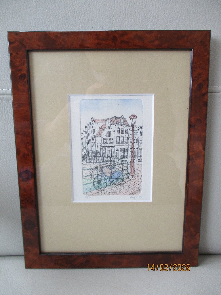 Amsterdam - kleurenets - Reguliersgracht - Art, Stadsgezicht, Ingelijst, Ophalen of Verzenden, 1950 - 1999