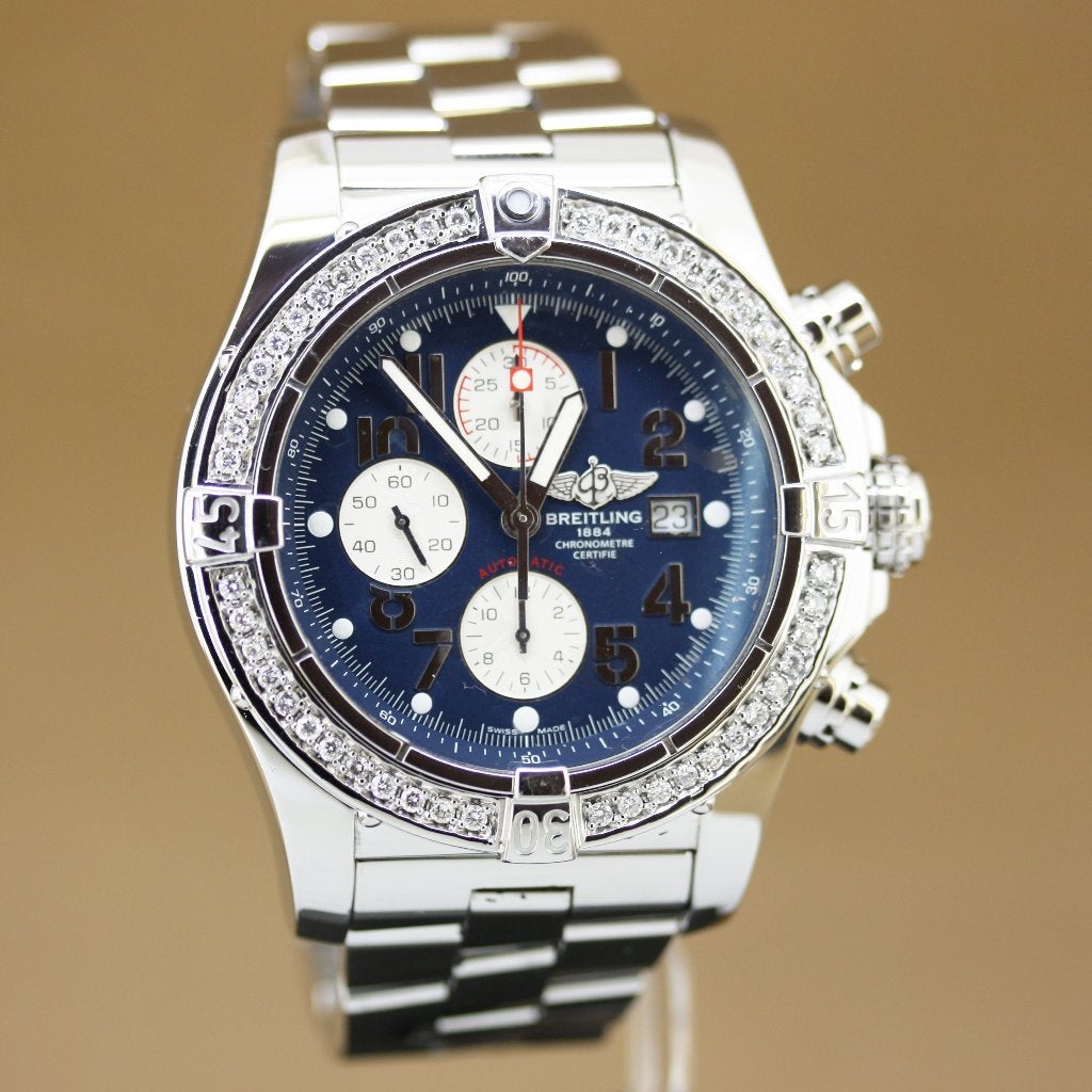 Breitling Super Avenger A13370 Blauw Diamant, Staal, Gebruikt, Staal, Breitling