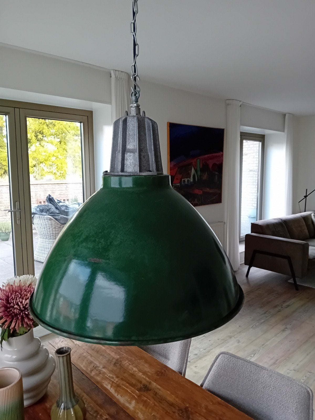oude mooie industriële fabriekslamp oud groen, Ophalen