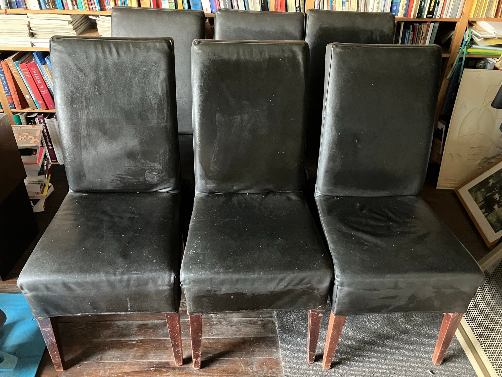 Zes zwarte eetkamerstoelen met houten poten, Ophalen, Gebruikt, Zwart, Vijf, Zes of meer stoelen