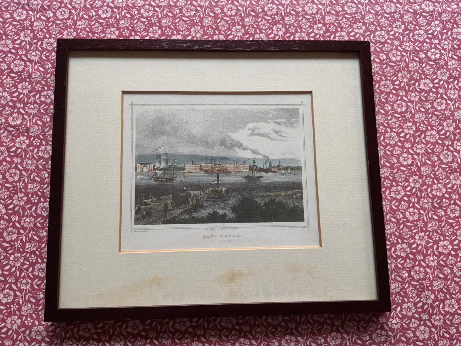 gekleurde gravure   Stadsgezicht Rotterdam,   19e Eeuw, Antiek en Kunst, Ingelijst, 1800 - 1899, Stadsgezicht, Ophalen of Verzenden