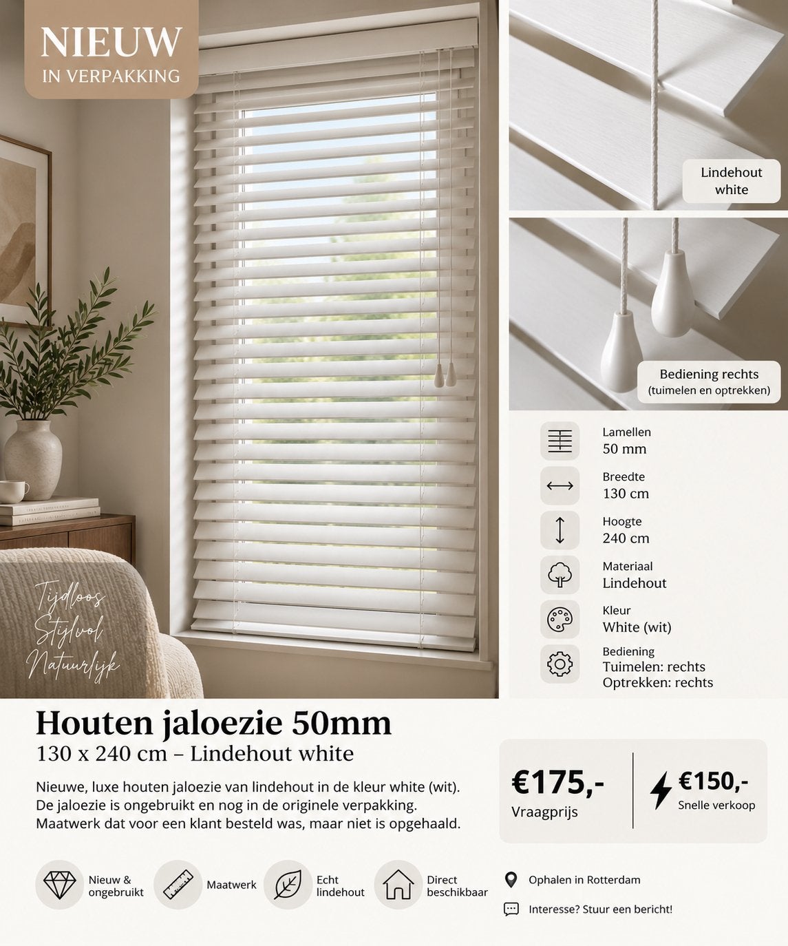 8.Nieuwe houten jaloezie 50mm – 130x240 cm Wit lindehout, Huis en Inrichting, Ophalen of Verzenden, Nieuw, 130 cm, 240 cm