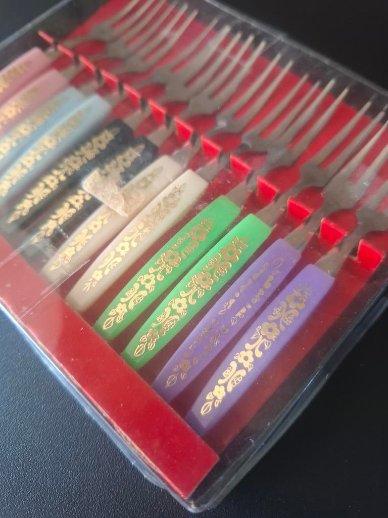 Vintage cocktail / gebaksvorkjes set - Diverse kleuren, Ophalen of Verzenden