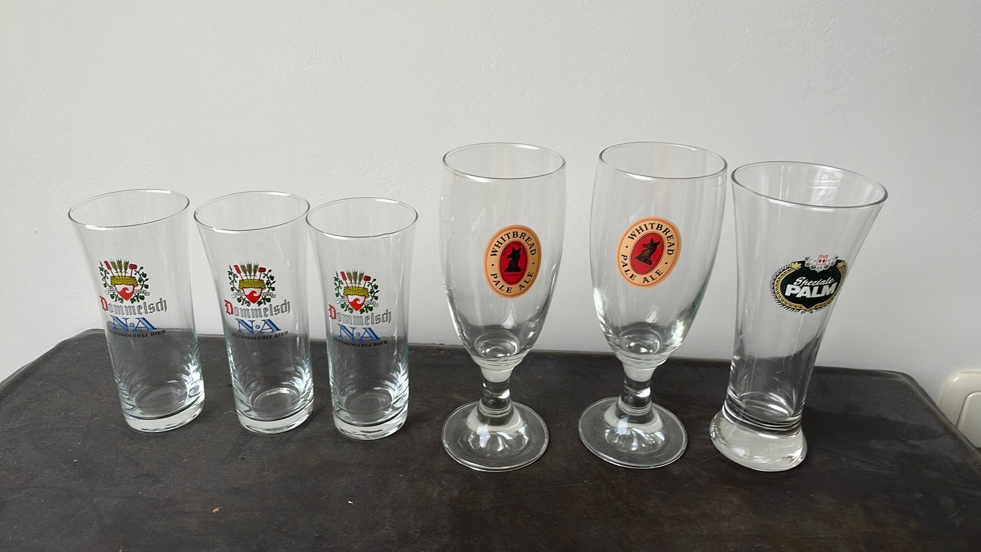 Bierglazen Dommelsch, Whitbread en Palm, 6 stuks, Ophalen of Verzenden, Gebruikt, Bierglas