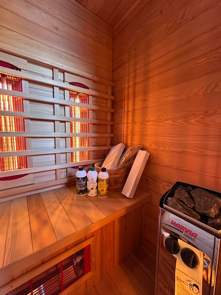 COMBI SAUNA INFRAROOD MET OPGIETKACHEL GRATIS BEZORGD! 🚚, Ophalen of Verzenden, Zo goed als nieuw, Fins of Traditioneel, Complete sauna