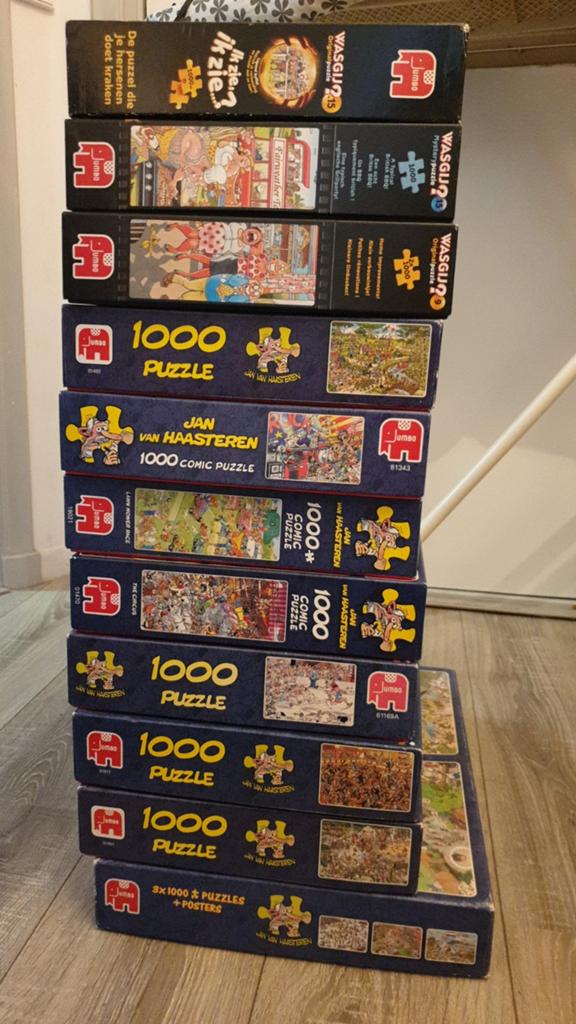 Puzzel partij Wasgij en Jan van Haasteren, 14 stuks  x 1000, Ophalen of Verzenden, 500 t/m 1500 stukjes, Zo goed als nieuw, Legpuzzel