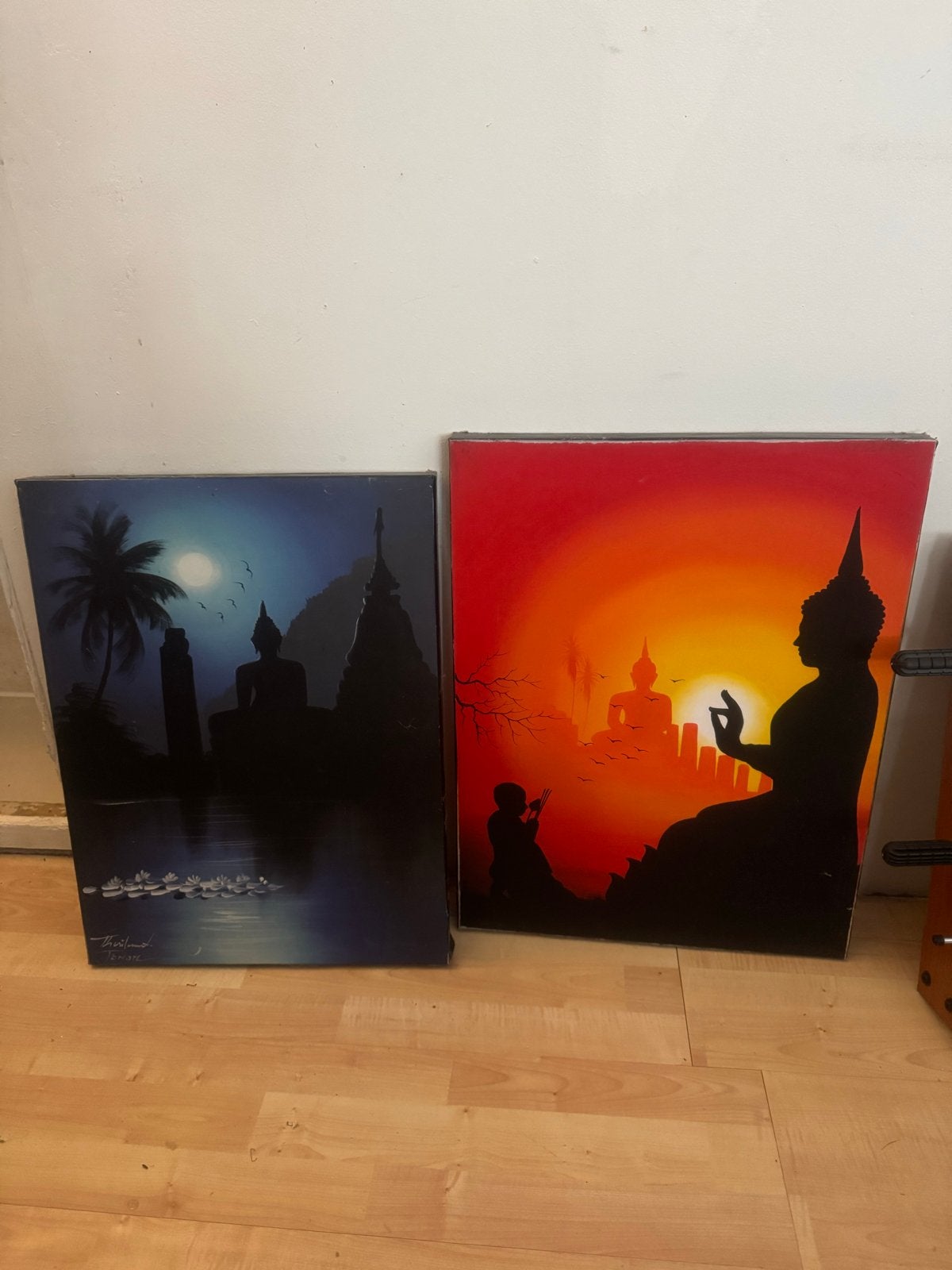 Twee Boeddha schilderijen - Zonsondergang en Nacht, Ophalen, Doek, Realistisch, Handgeschilderd