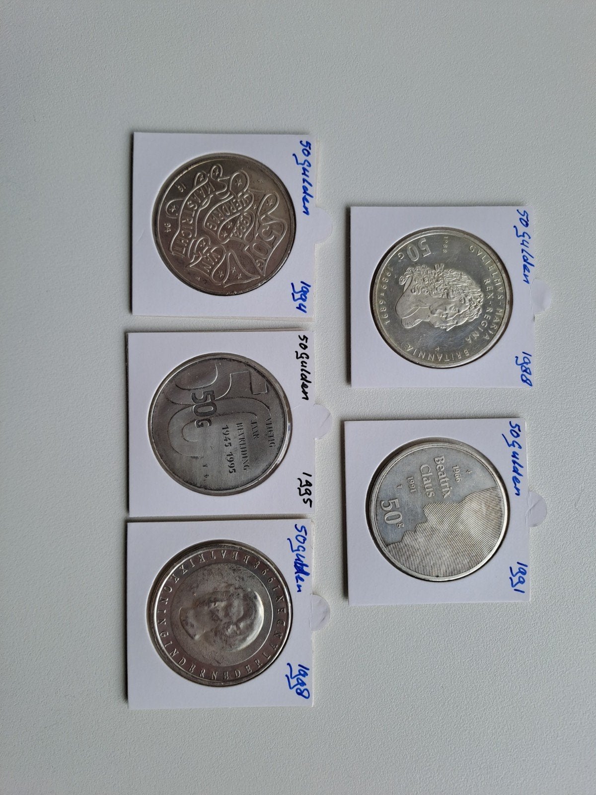 5 x Zilveren 50 Gulden munten., Postzegels en Munten, Munten | Nederland, Setje, Koningin Beatrix, Zilver, Ophalen of Verzenden