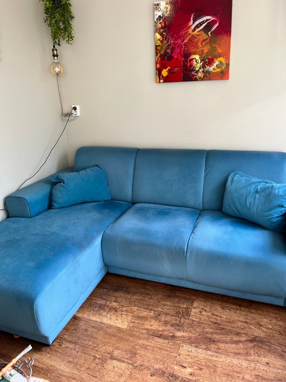 Comfortabele blauwe hoekbank met chaise longue, Ophalen, Gebruikt, 100 tot 125 cm, Hoekbank