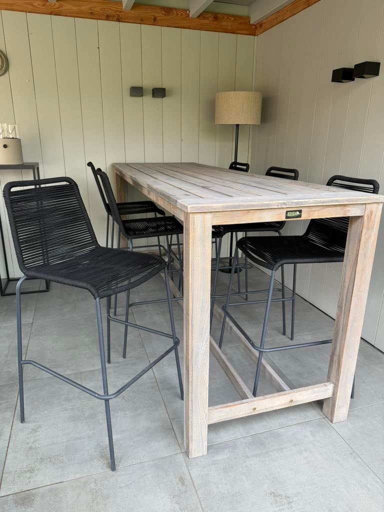 Hoge bartafel/ tuintafel met 6 stoelen, Ophalen, Zo goed als nieuw, Rechthoekig, Teakhout
